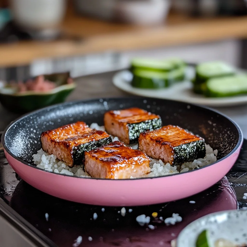 Musubi de Spam Hawaiano en un plato, un delicioso aperitivo típico de Hawái.