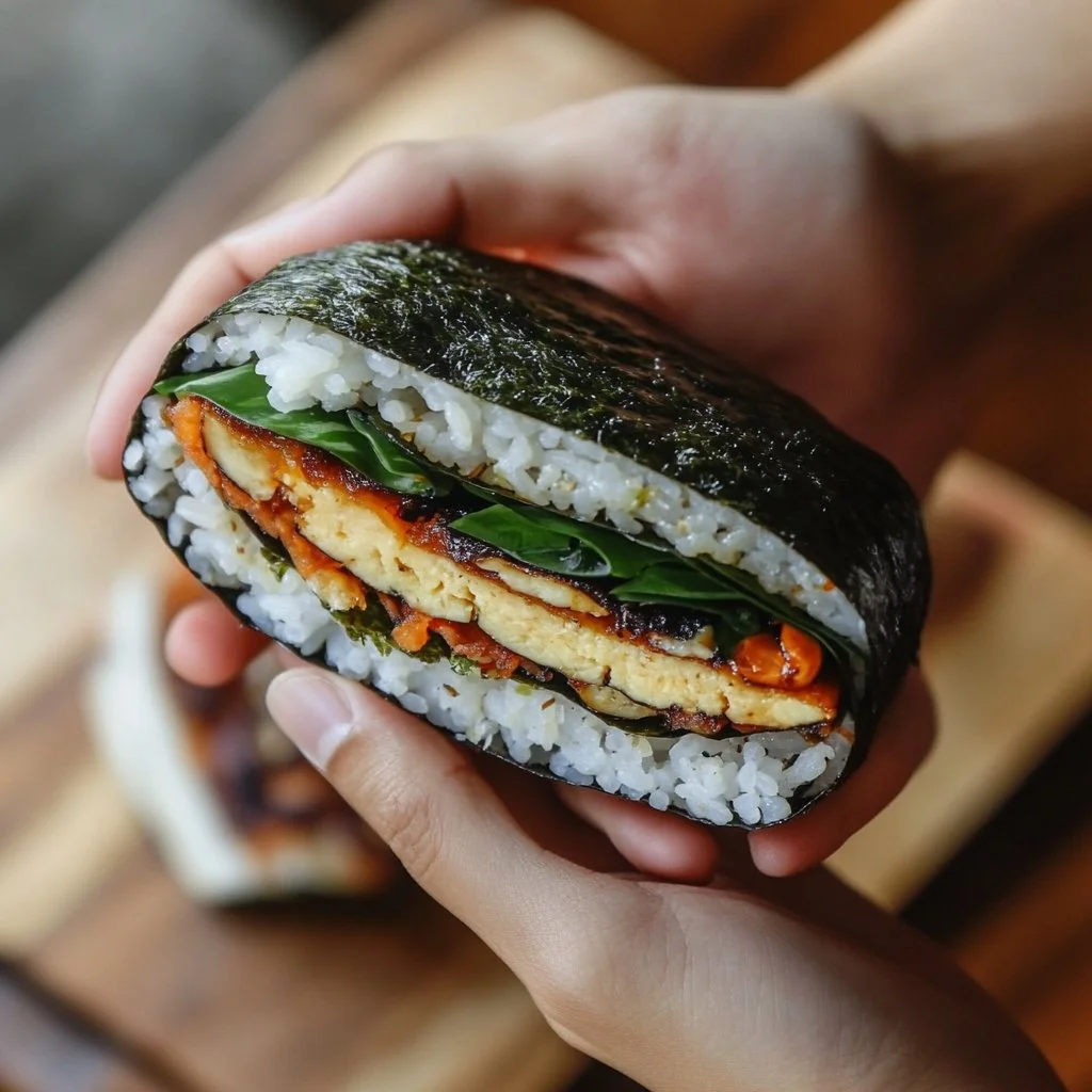Onigirazu, un sándwich de sushi japonés envolviendo ingredientes frescos y sabrosos.