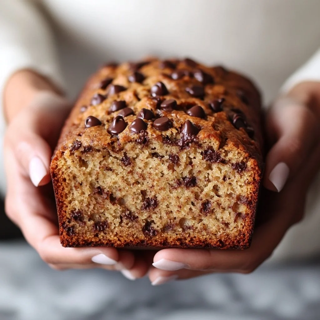 Pan de plátano con chispas de chocolate fresco y apetitoso en una mesa