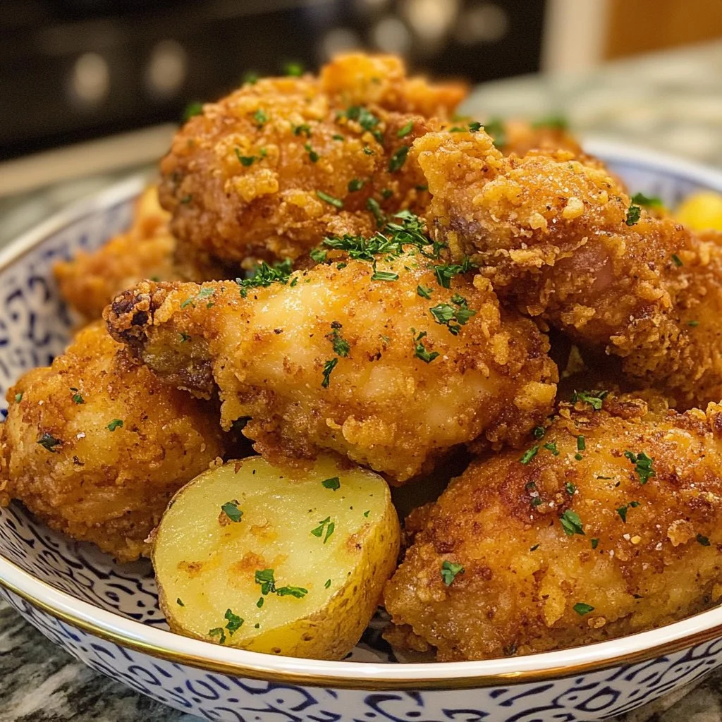 Papas fritas crujientes con pollo frito en un plato apetitoso
