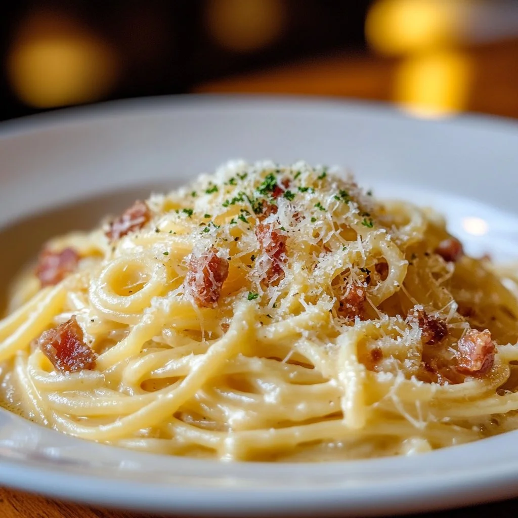 Plato de Pasta Carbonara con huevo, panceta y queso parmesano