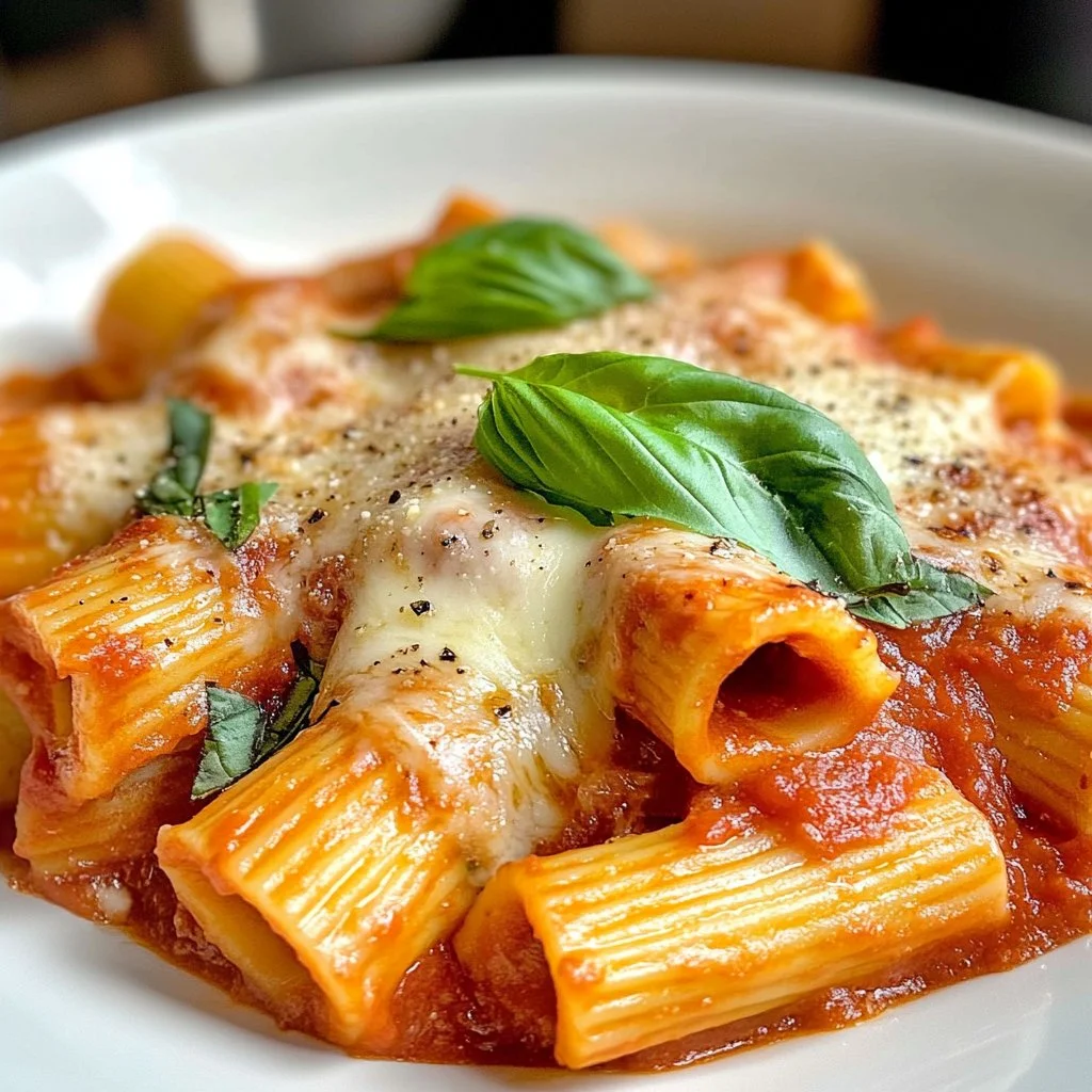 Plato de Pasta a la Sorrentina con queso fundido y salsa de tomate.