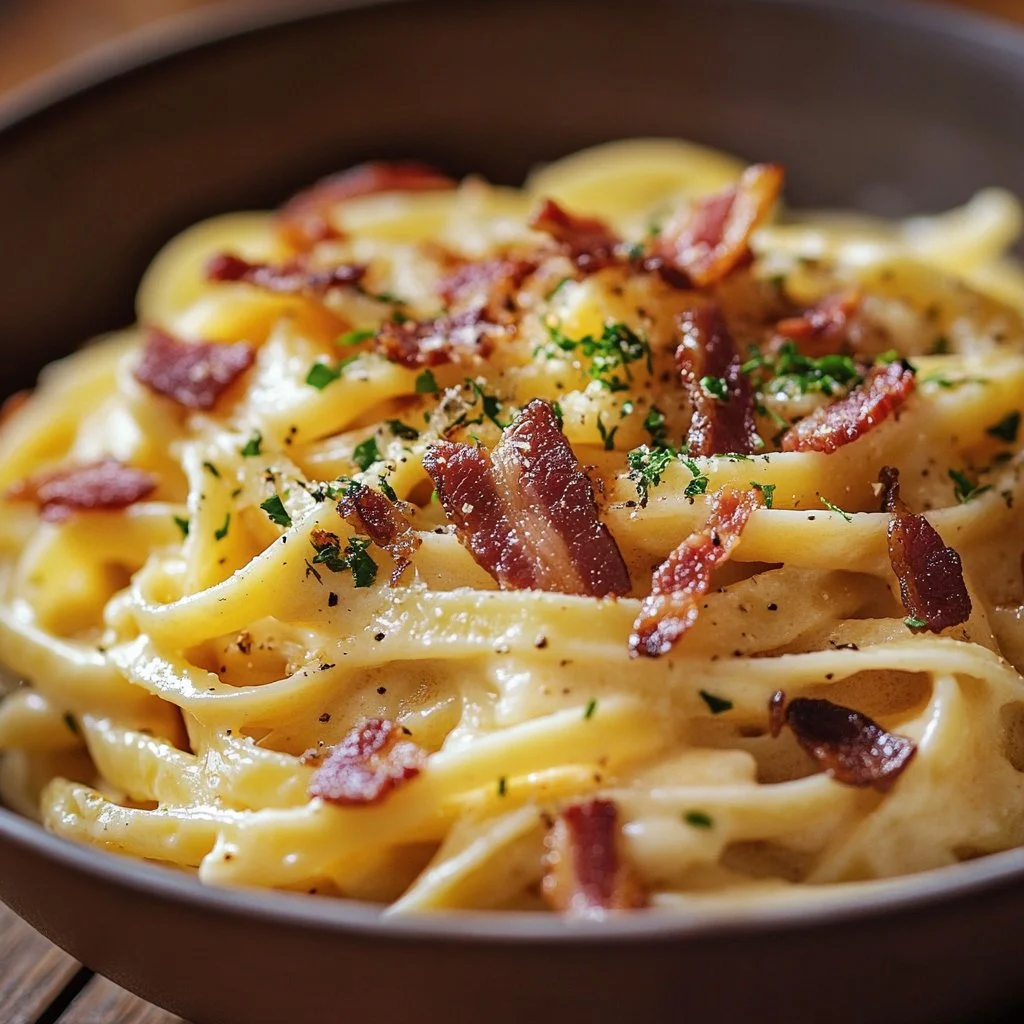 Plato de Pasta Carbonara con Bacon y salsa cremosa