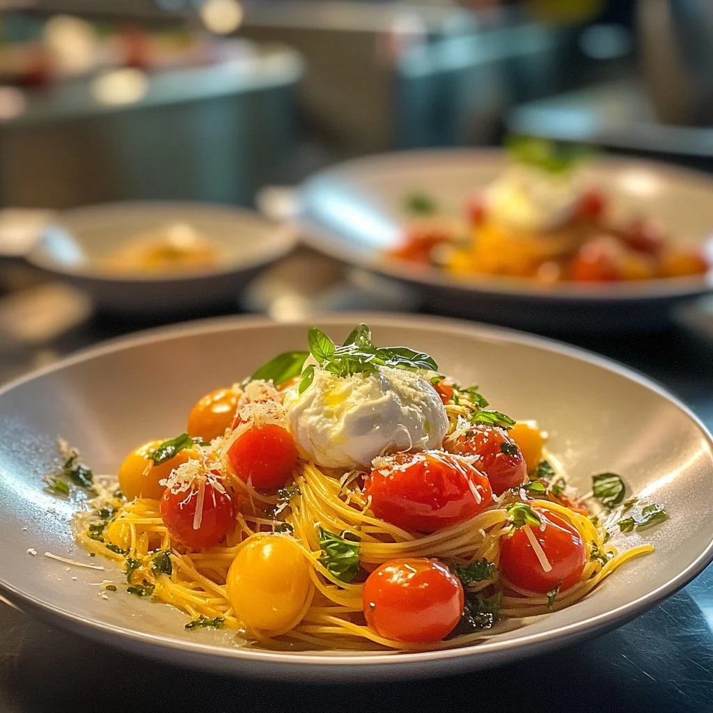 Pasta con Burrata y Tomate Explosivo en un plato elegante