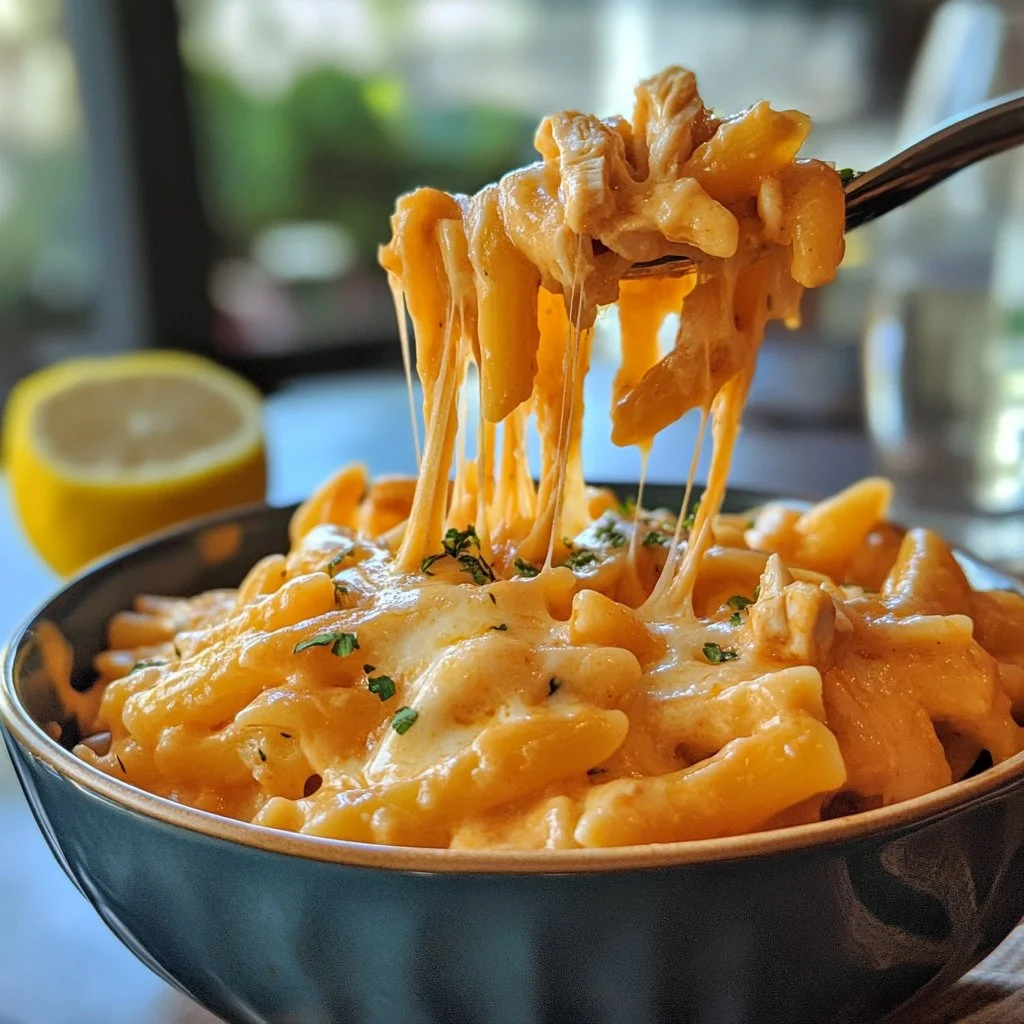 Plato de Pasta con Pollo y Queso servido en mesa, comida deliciosa y apetitoso