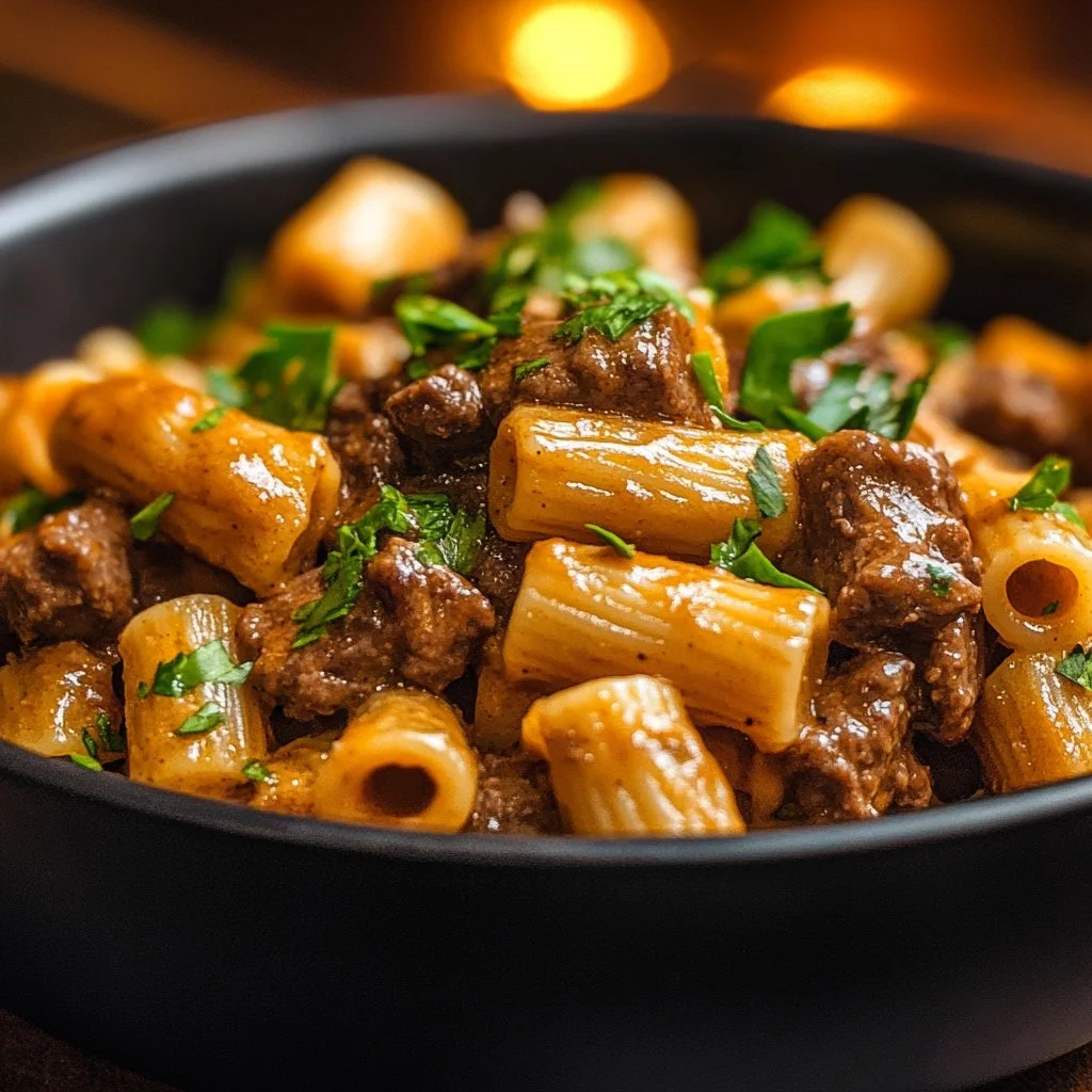 Plato de Pasta Cremosa con Carne de Res, elaborado con ingredientes frescos y sabrosos.