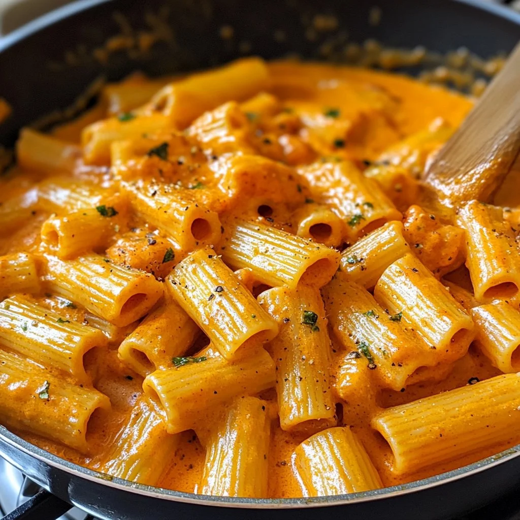 Pasta cremosa con pimientos asados en un plato