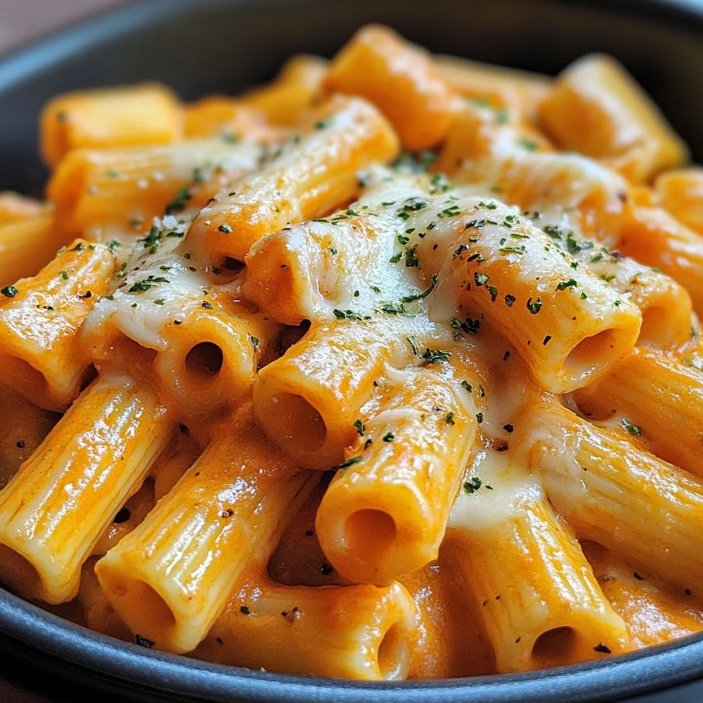 Plato de Pasta Cremosa con Tomate y Ajo servido con hierbas frescas
