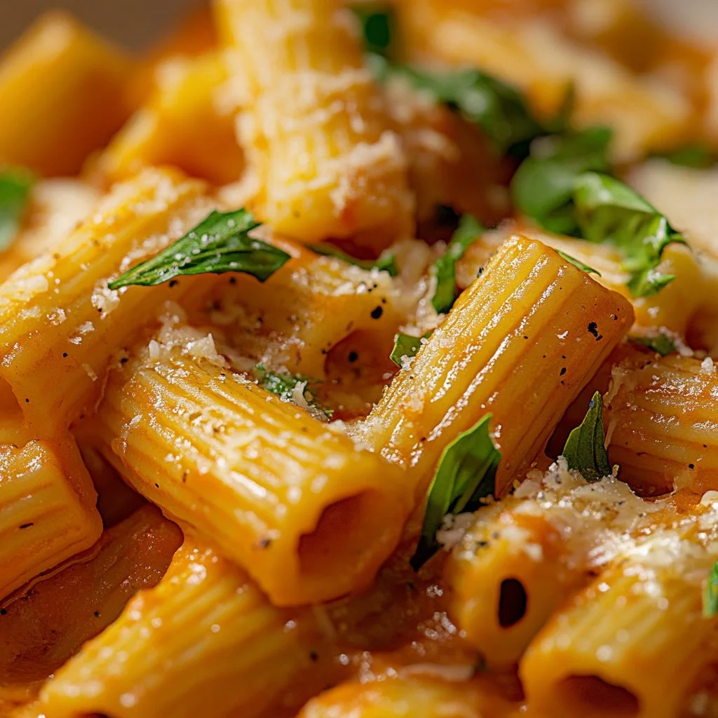 Plato de Pasta Cremosa de Tomate y Ajo con ingredientes frescos