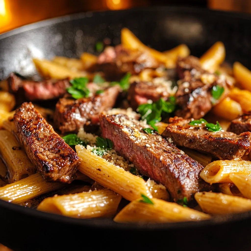 Pasta de bistec con ajo picante y mantequilla parmesana servida en un plato