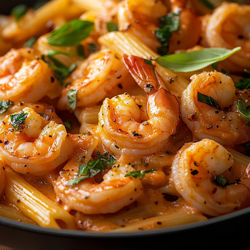 Plato de Pasta de Camarones Cásate Conmigo servido con hierbas frescas