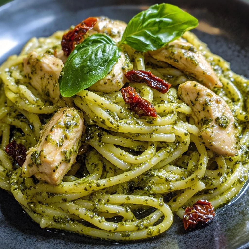 Plato de pasta de pollo con pesto, una receta deliciosa y fácil de preparar.