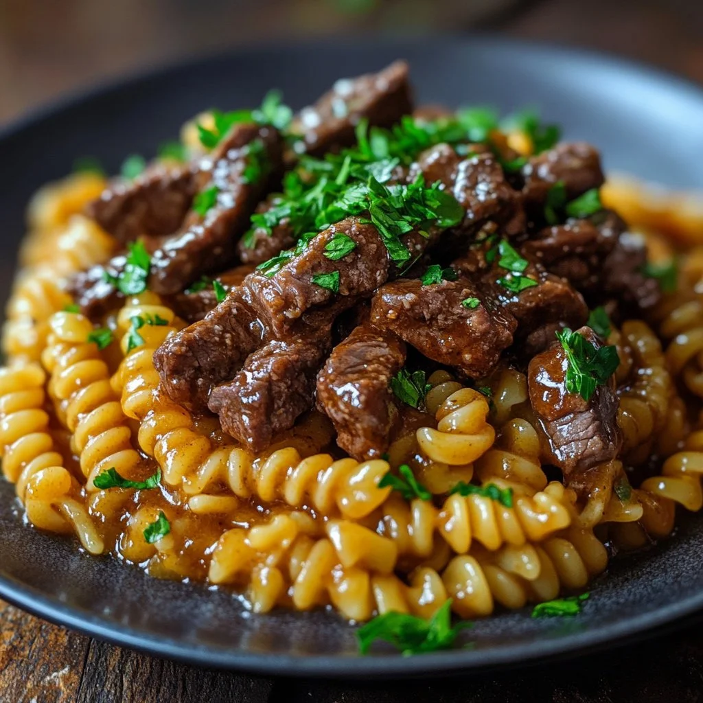Plato de Pasta de Res BBQ con Miel cocinado en una sola sartén