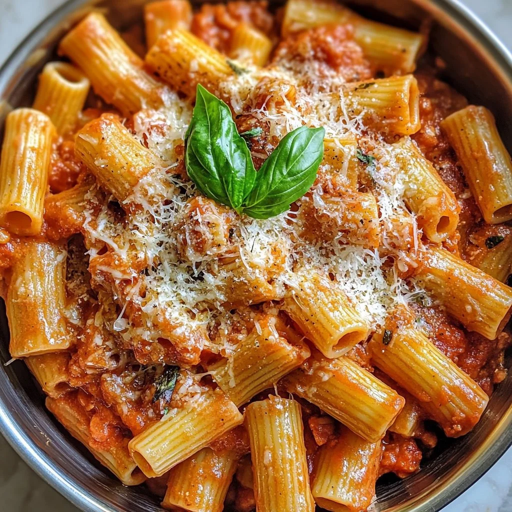 Plato de pasta de tomate y ricotta con hierbas frescas