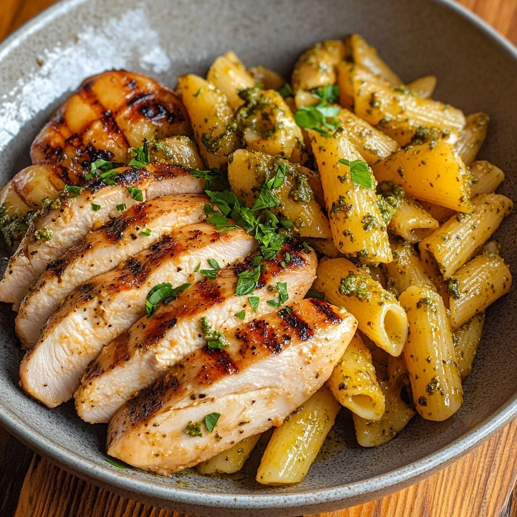 Pollo a la parrilla con pasta cremosa de pesto y papas asadas en un plato atractivo