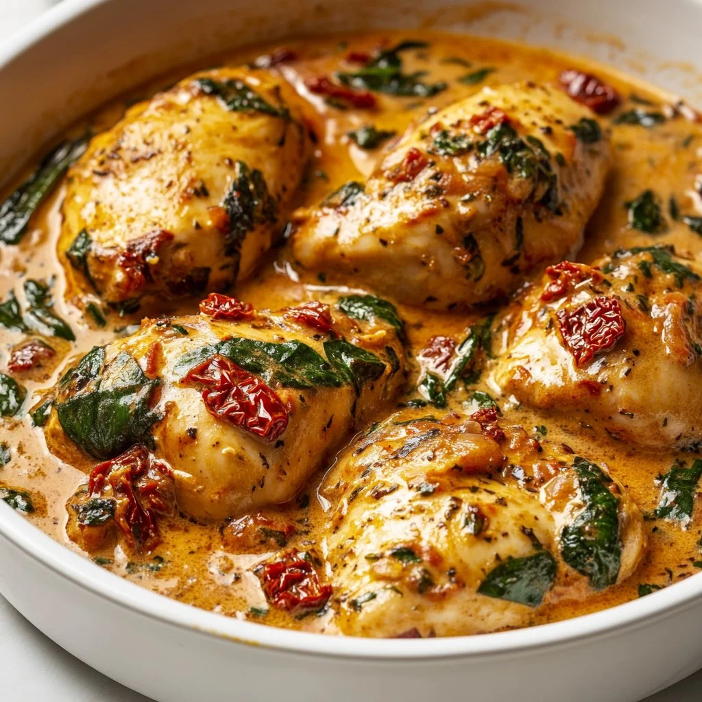 Pollo Cremoso al Ajo de Estilo Toscano preparado en sartén