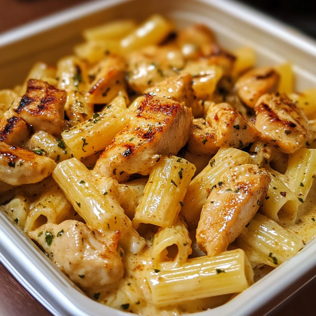 Plato de Pollo Pasta Cásame en Una Sola Olla servido en un tazón.