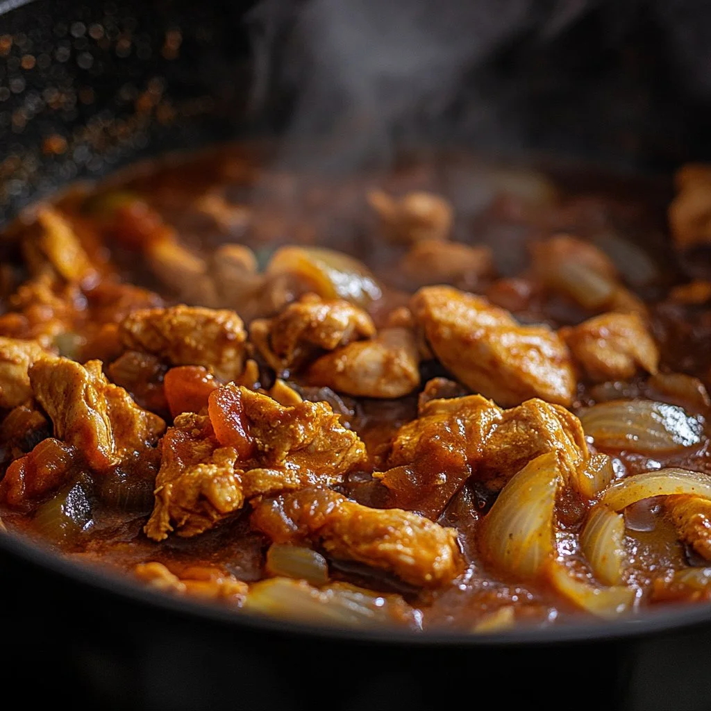 Plato de Pollo Tikka Masala servido con arroz y pan naan