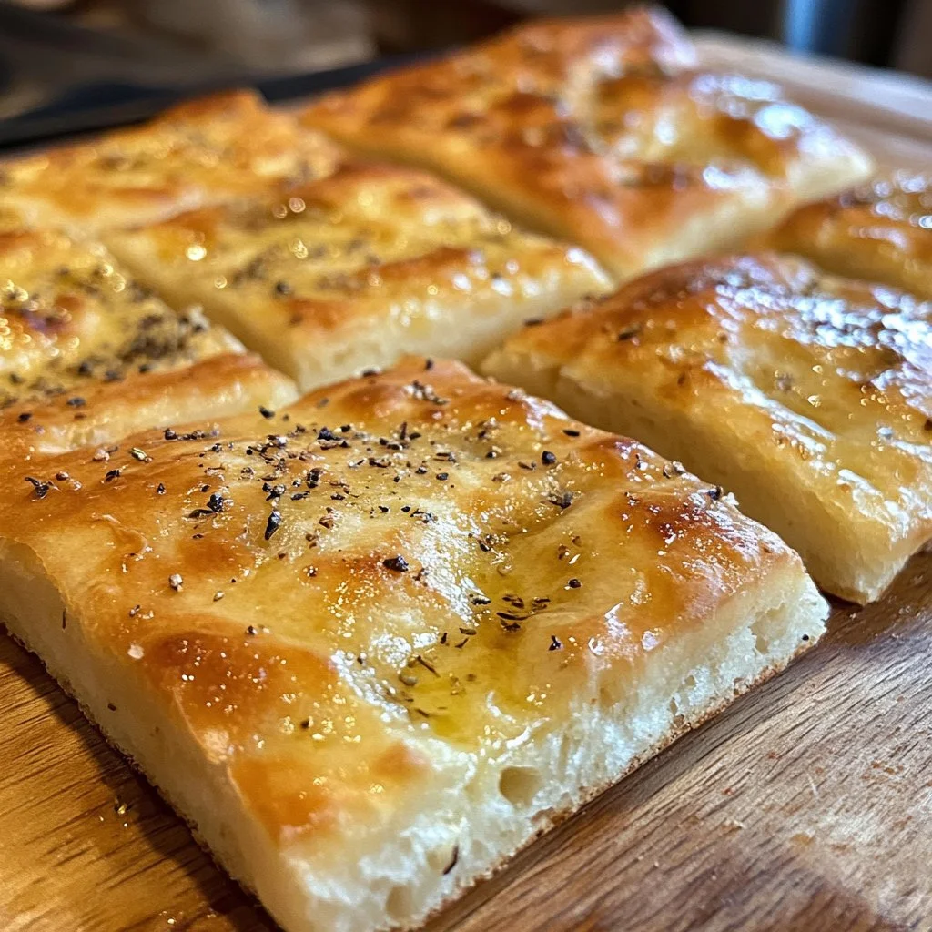 Focaccia recién horneada con hierbas y aceite de oliva