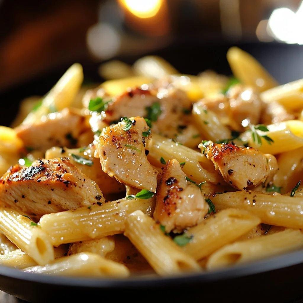Deliciosa Pasta con Pollo Marry Me servida con hierbas frescas.