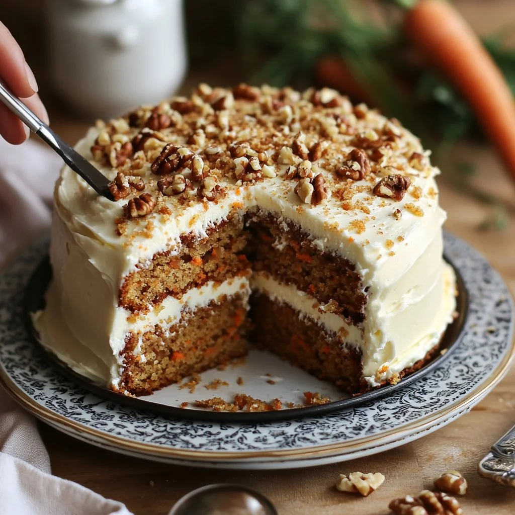 Tarta de zanahoria decorada con nueces y crema de queso