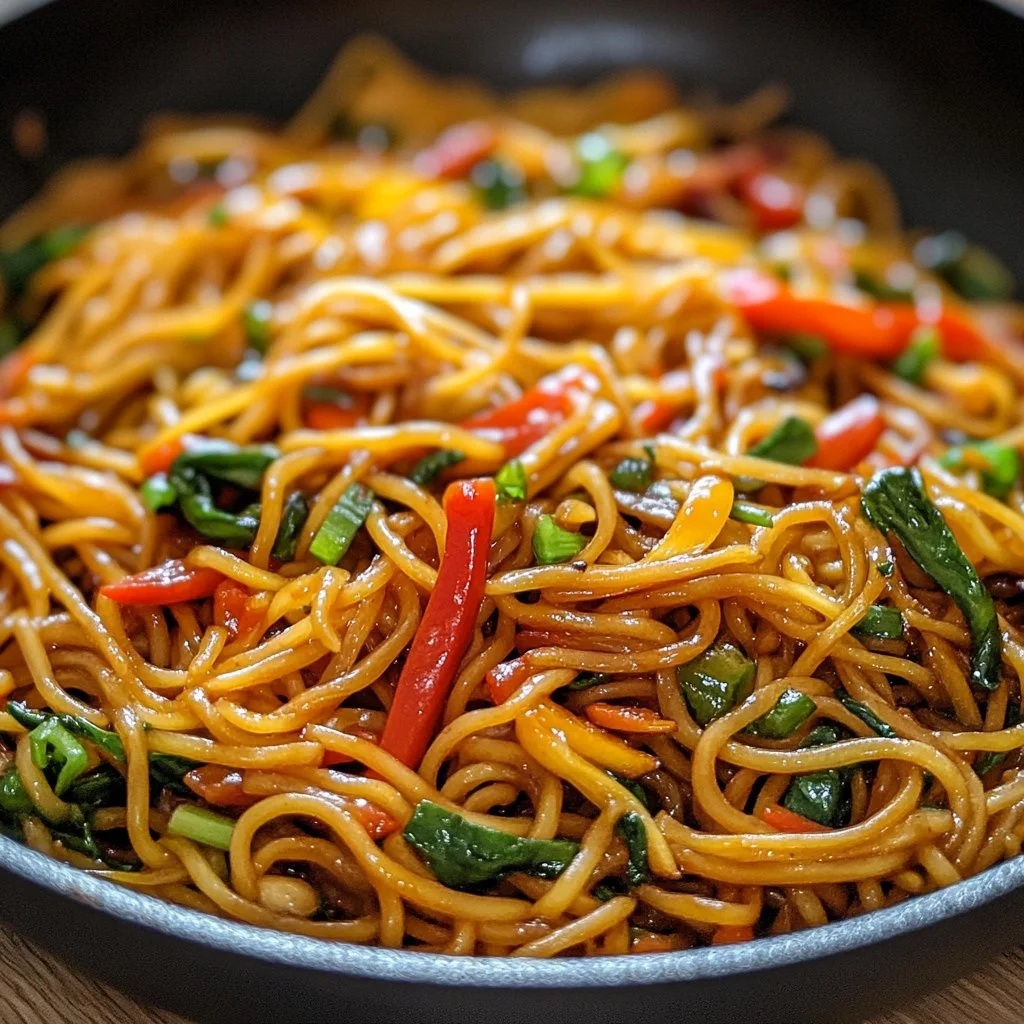 Deliciosos fideos salteados con vegetales y salsa.