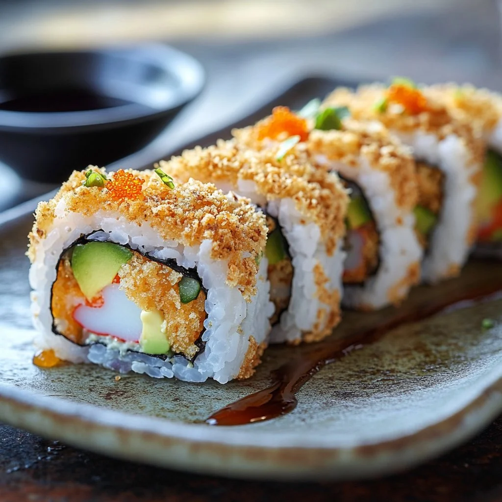 Delicioso Roll de Sushi Crujiente con ingredientes frescos y crujientes.
