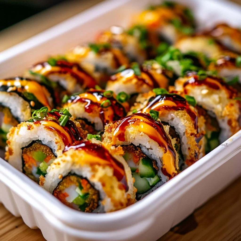 Rollo de sushi frito crujiente delicioso y apetitoso