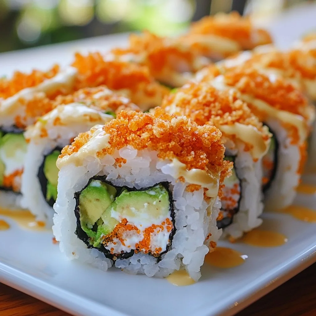 Rollos California crujientes servidos en un plato festivo