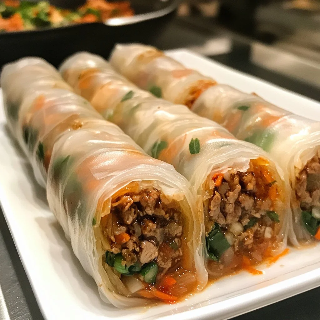 Rollos de papel de arroz rellenos de bulgogi, una receta deliciosa y fácil de hacer.