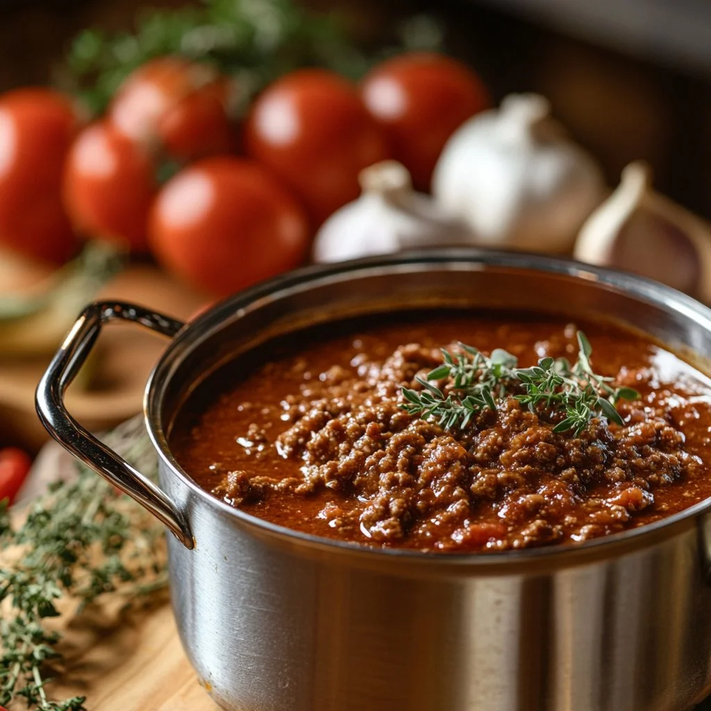 Recipiente con Salsa Boloñesa Tradicional lista para servir con pasta