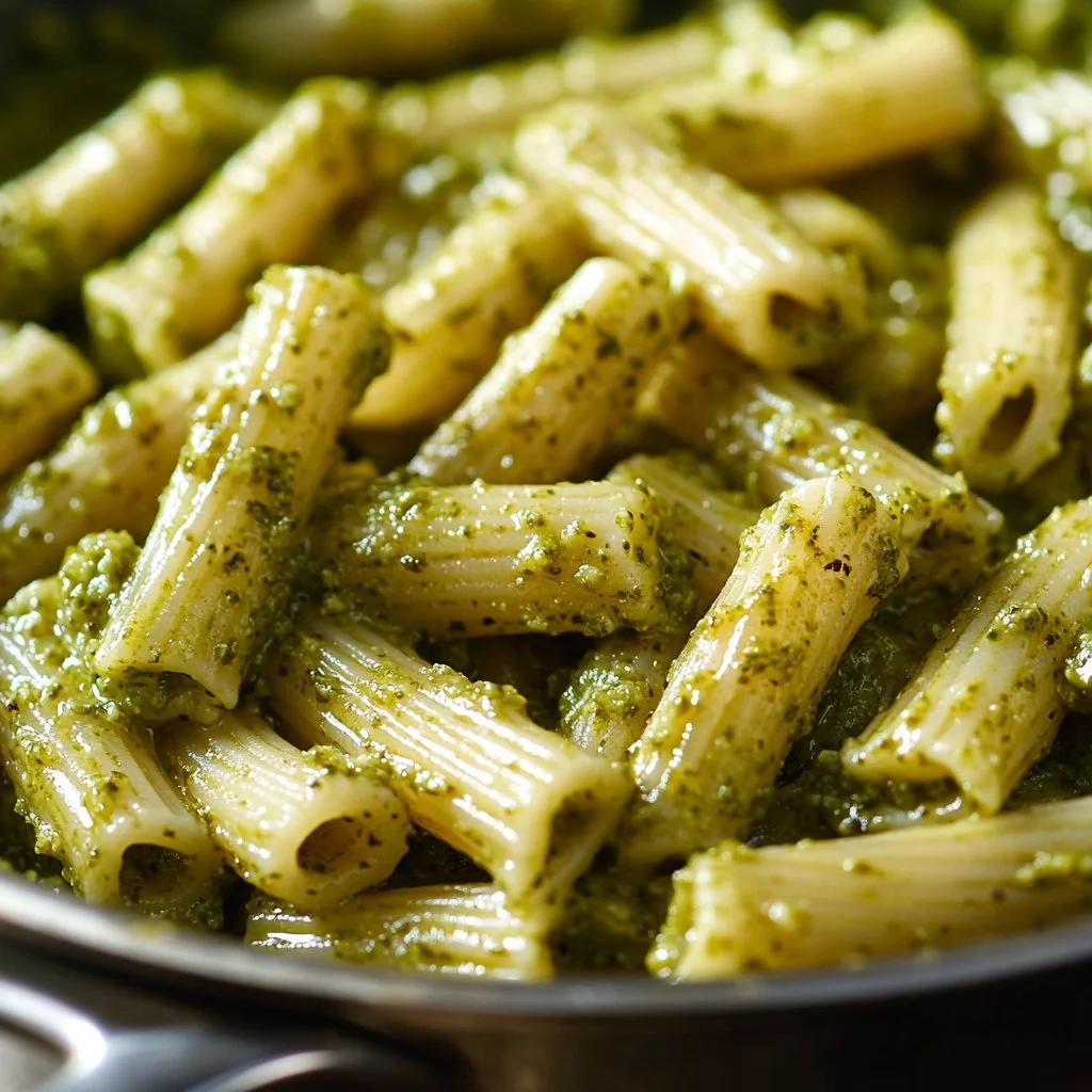 Plato con salsa de crema de pesto sobre pasta