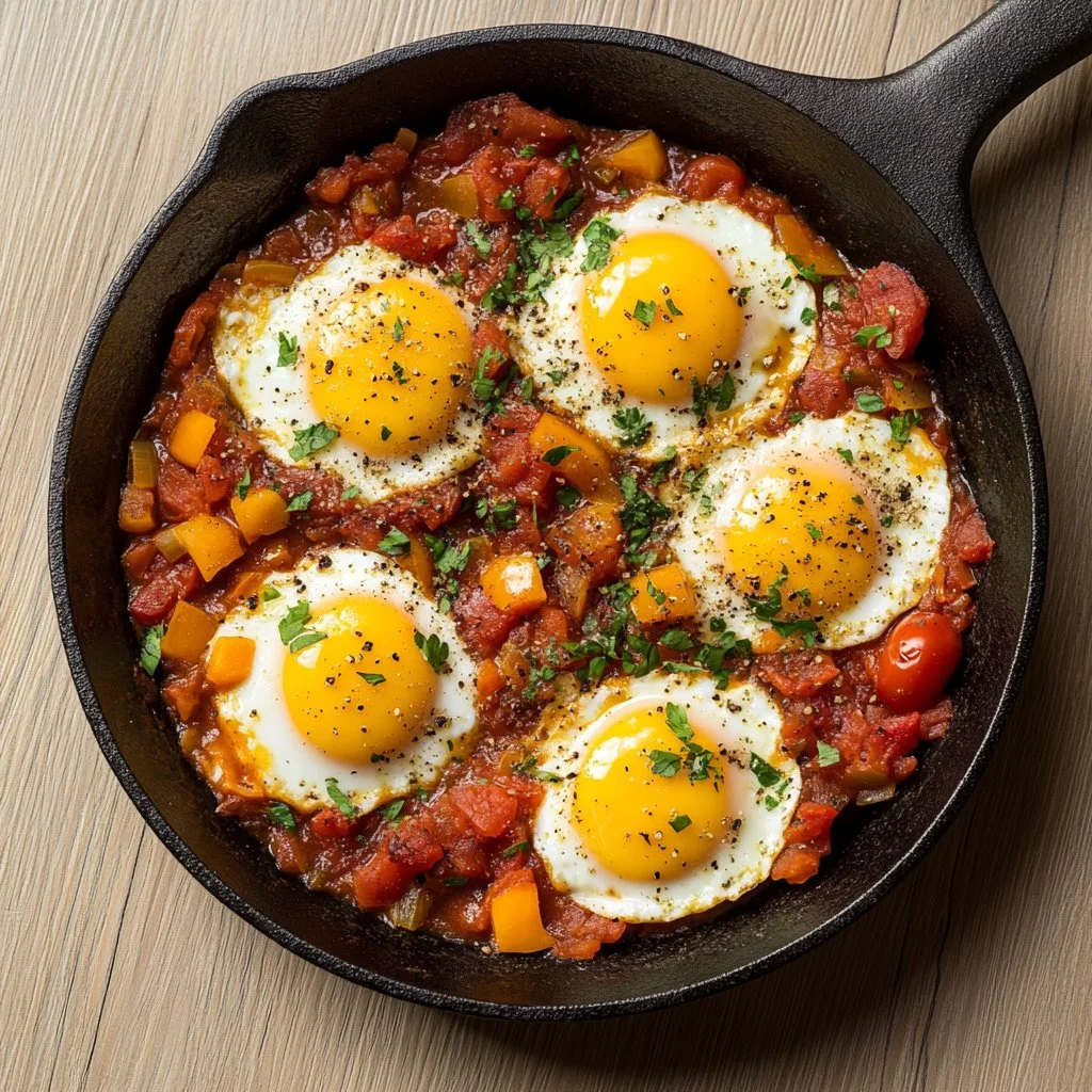 Plato de shakshuka fácil con huevos y salsa de tomate fresca