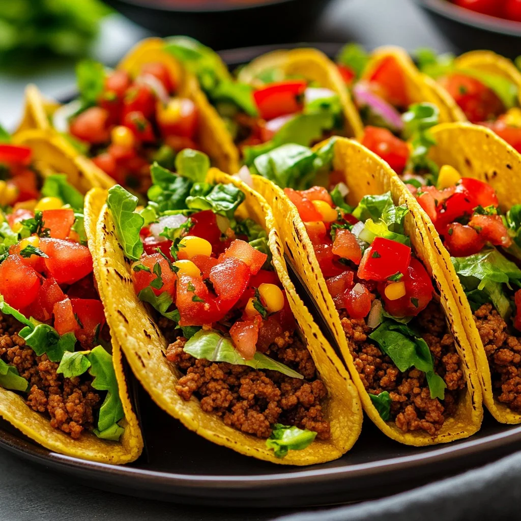 Tacos de carne molida recién preparados con tortillas y guarniciones.