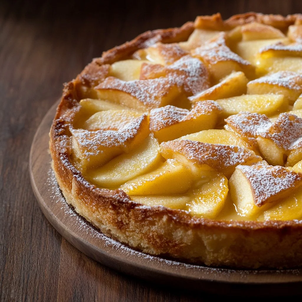 Tarta Flan de Manzana decorada con rodajas de manzana y caramelo