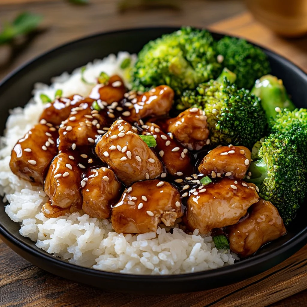 Tazón de arroz con pollo teriyaki servido con verduras frescas