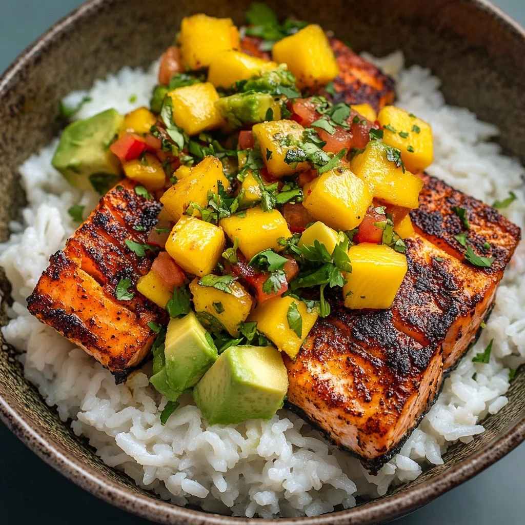 Tazón de salmón a la parrilla con salsa de mango y aguacate