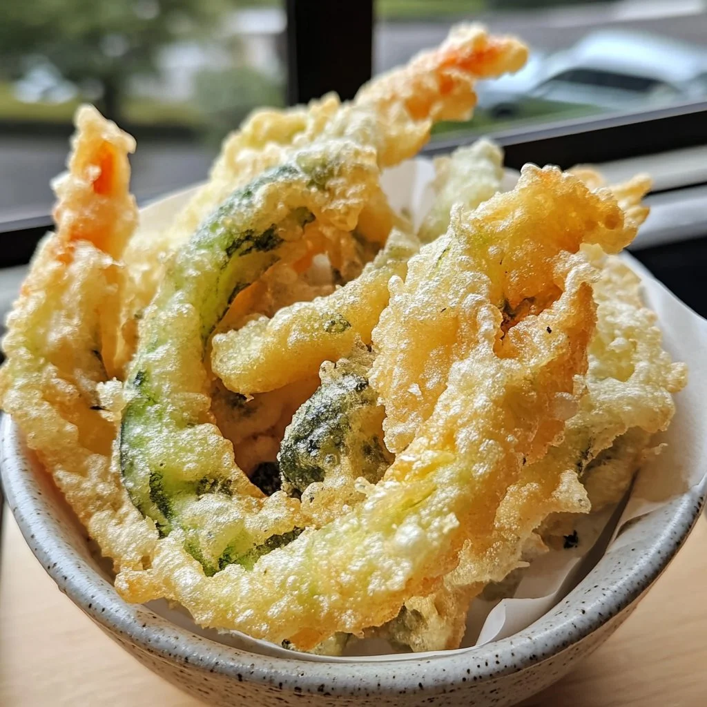 Plato de tempura de verduras crujientes y coloridas