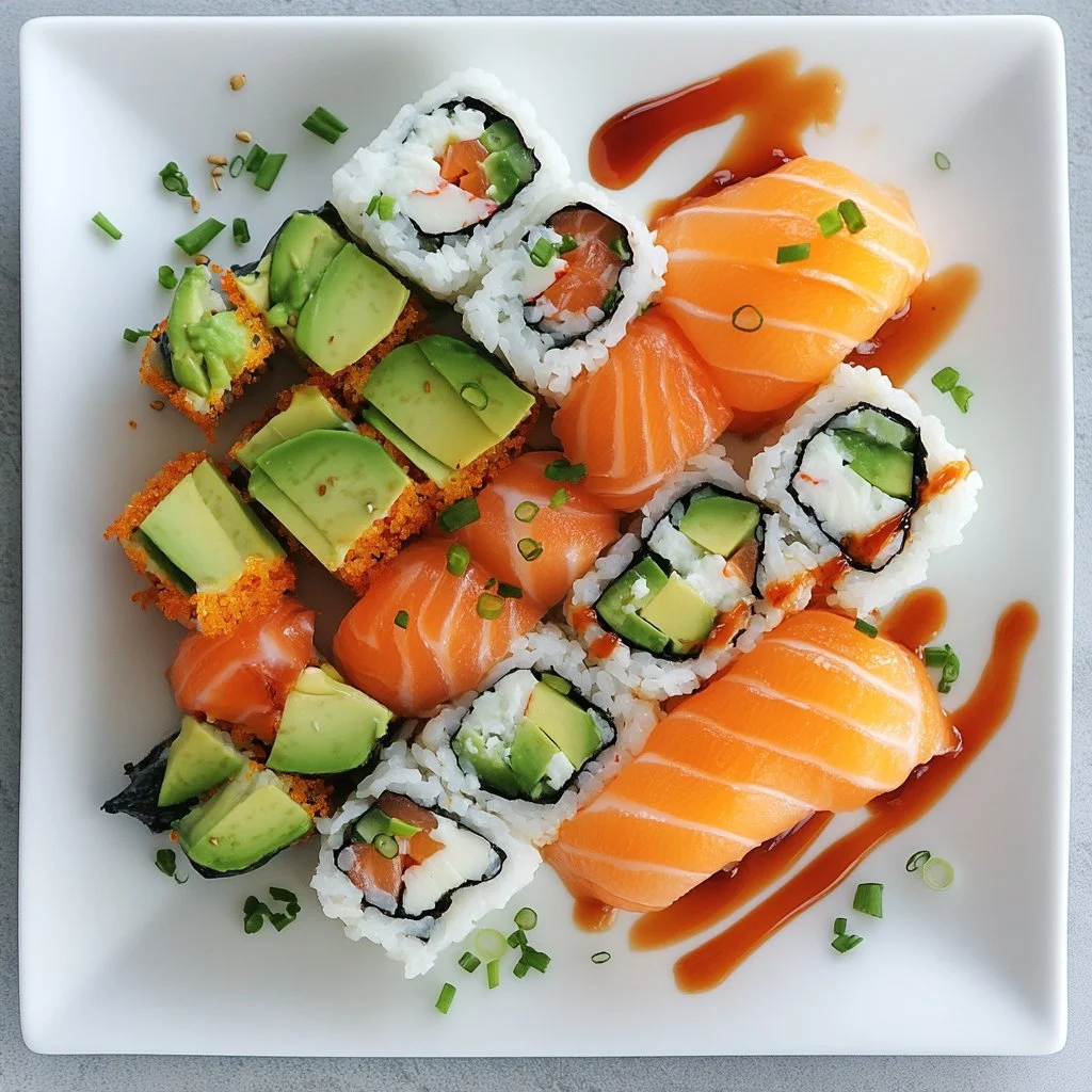 Sushi envueltos con ingredientes frescos y presentación atractiva.