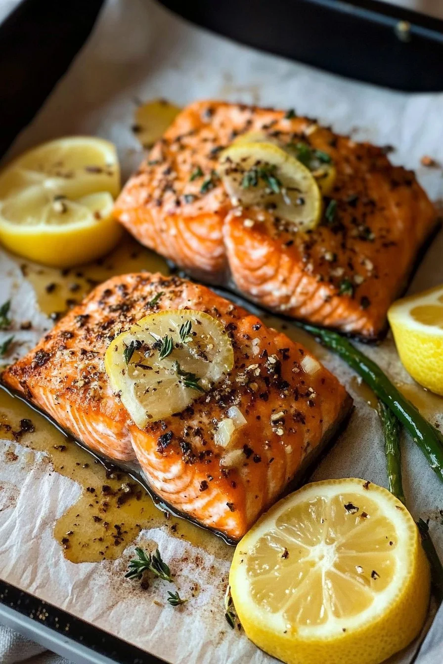 Salmón al horno con mantequilla de ajo y limón
