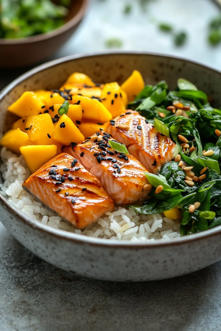 Tazón de arroz de salmón teriyaki con mango