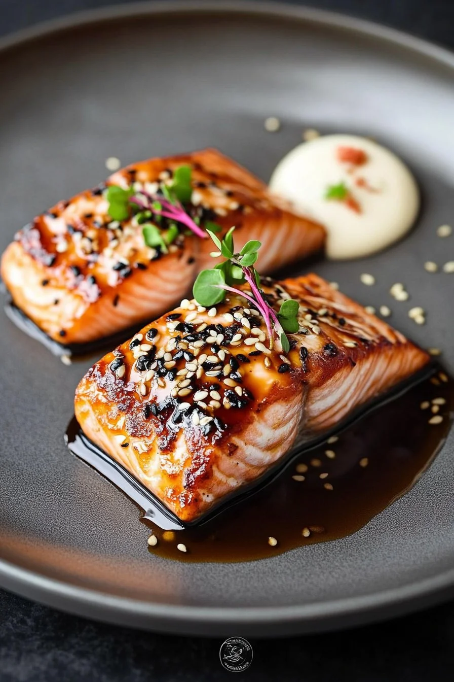 Salmón glaseado con sake y semillas de sésamo