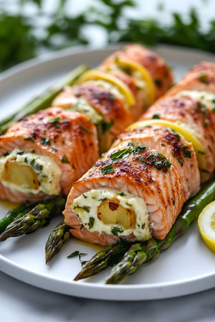 Rollos de Salmón Rellenos de Ricotta con Espárragos y Albahaca de Limón con Salsa de Limón