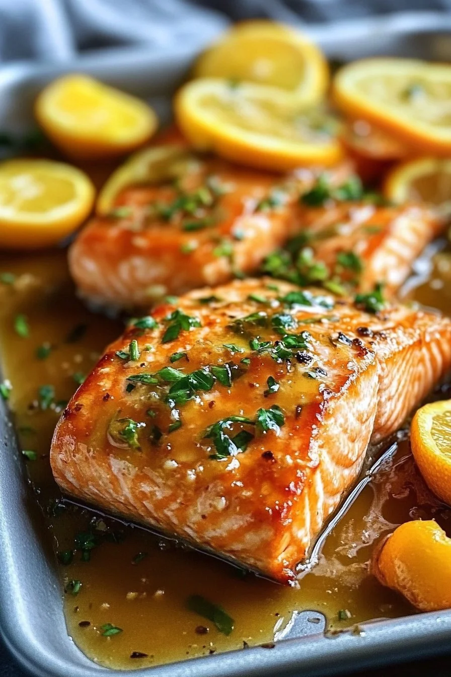 Salmón al horno con glaseado de miel y mostaza.