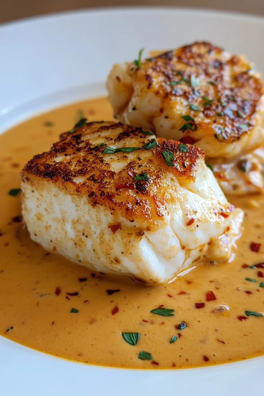 Bacalao en Salsa Cremosa de Gambas y Piquillos