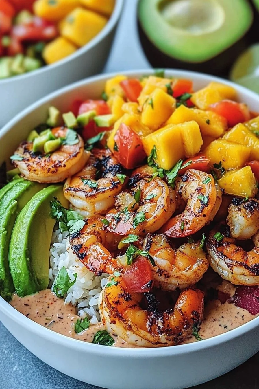 Mejor receta de tazones de camarones y aguacate con salsa de mango y salsa de lima-chile, receta fácil, receta imprimible en PDF, descarga casera.