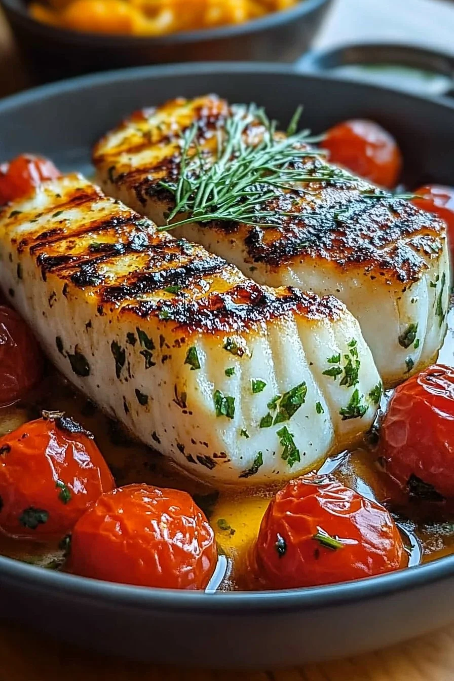 Bacalao a la parrilla con tomate asado y salsa cremosa de eneldo