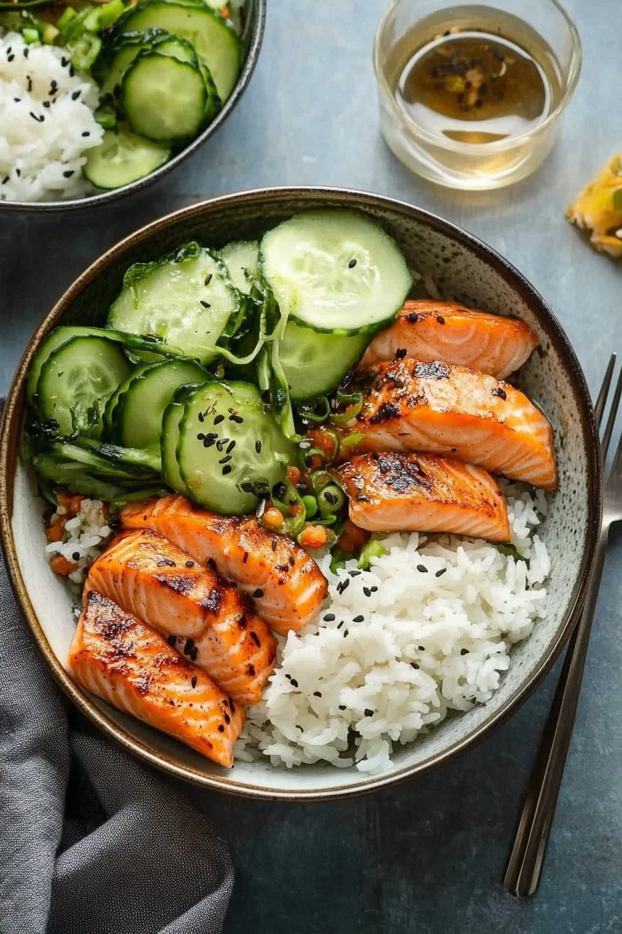 Tazón de arroz con salmón saludable