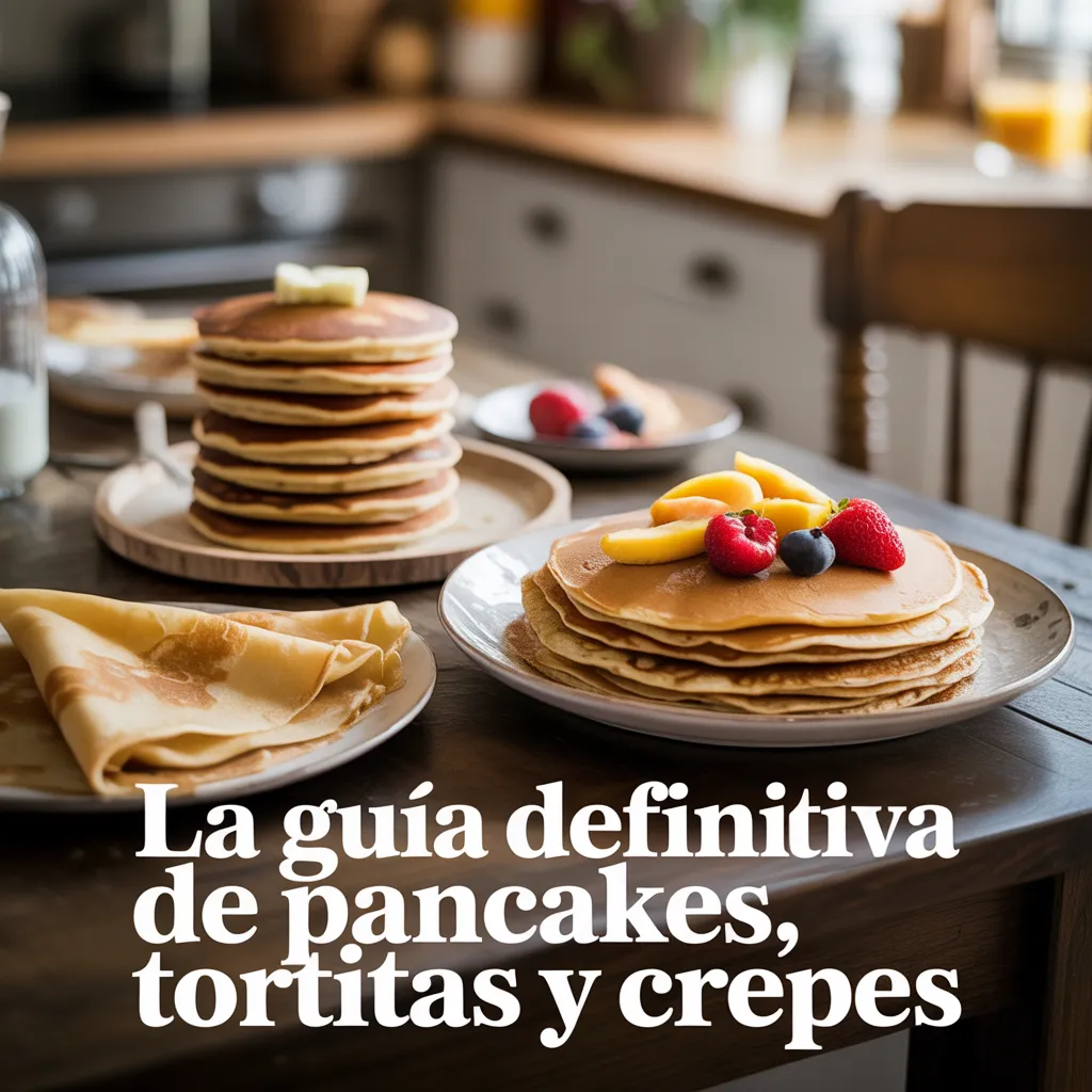 A warm, inviting breakfast table with a stack of fluffy pancakes, golden crepes folded elegantly, and oat pancakes topped with fresh fruit, soft natural morning light, cozy family kitchen atmosphere, rustic wooden table, minimal props, premium editorial food photography, warm tones, shallow depth of field, clean elegant typography, text overlay: “La Guía Definitiva de Pancakes, Tortitas y Crepes”, high-end lifestyle food magazine style