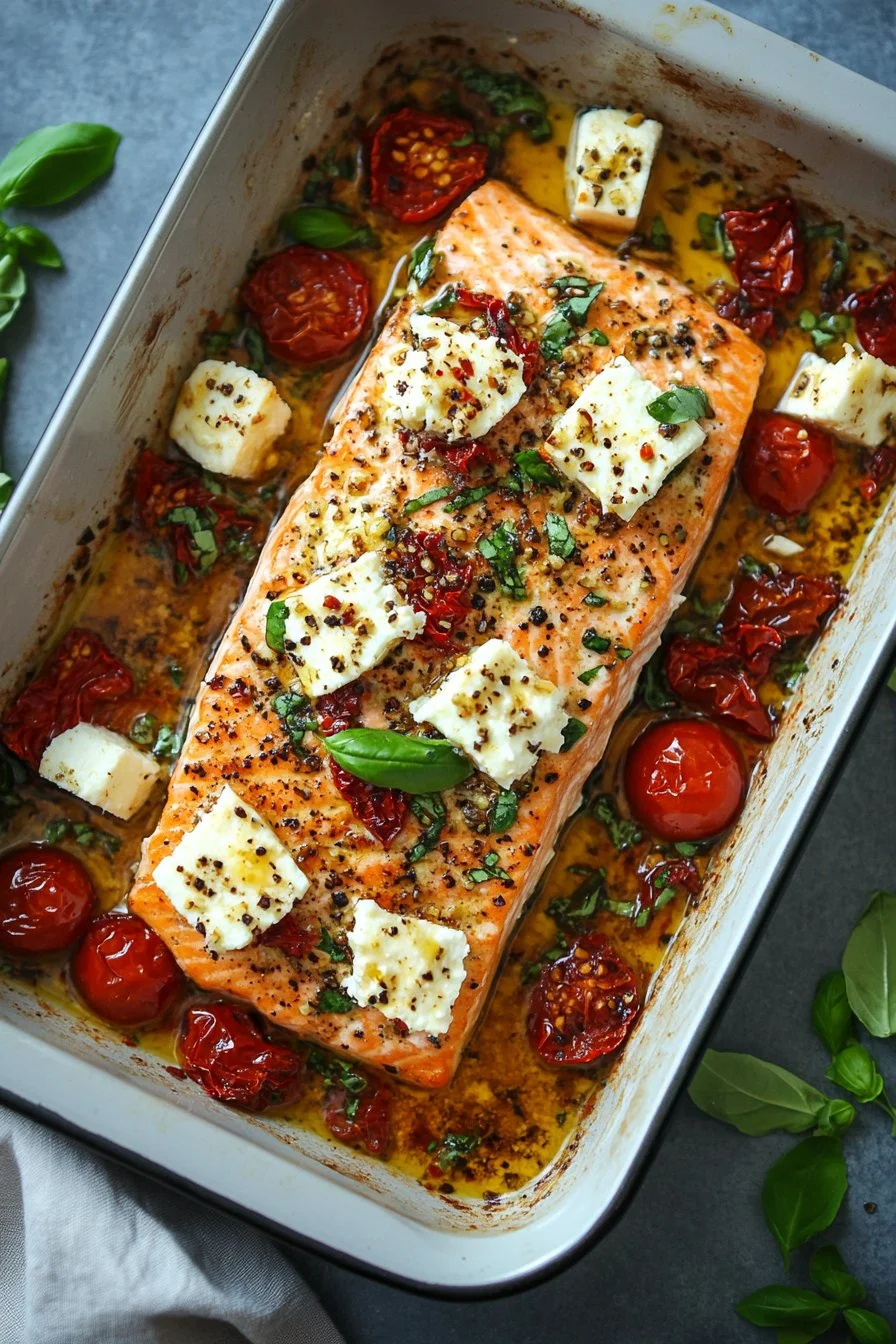 Salmón al Horno Mediterráneo con Queso Feta y Tomates Secos